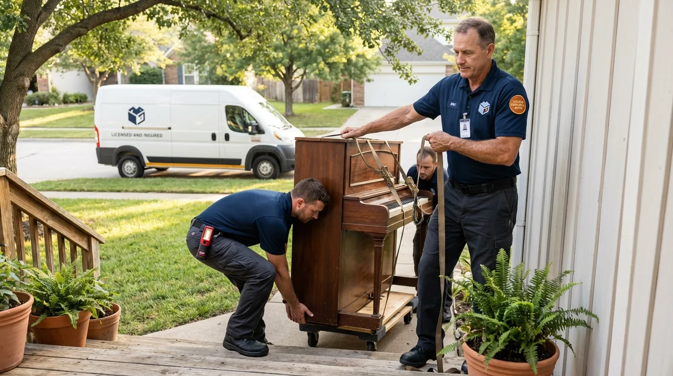 Licensed piano movers securing grand piano in Long Branch, NJ