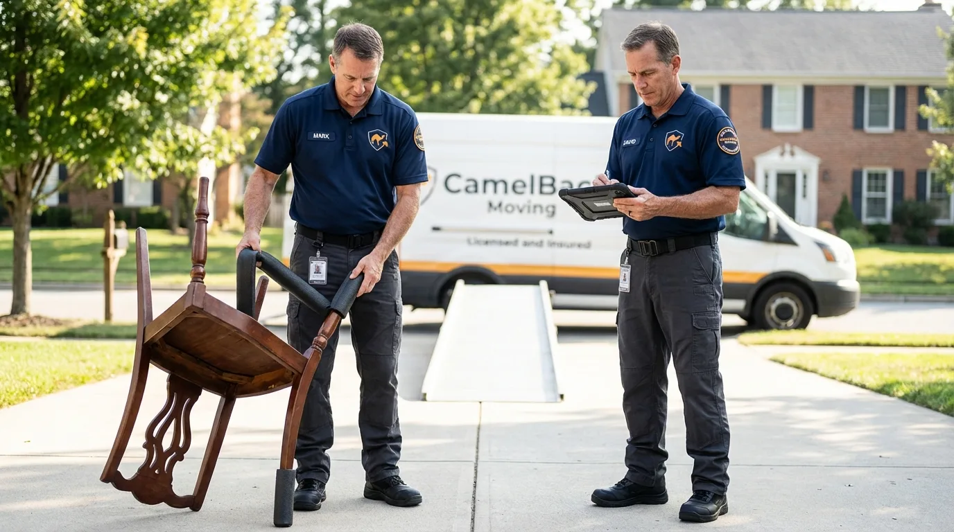 Movers inspecting furniture for damage prevention before loading in Long Branch, NJ
