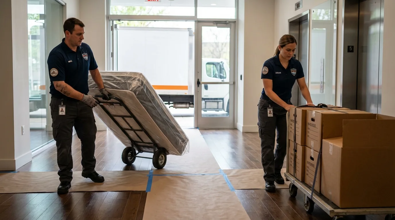 Professional apartment movers loading elevator in Long Branch, NJ